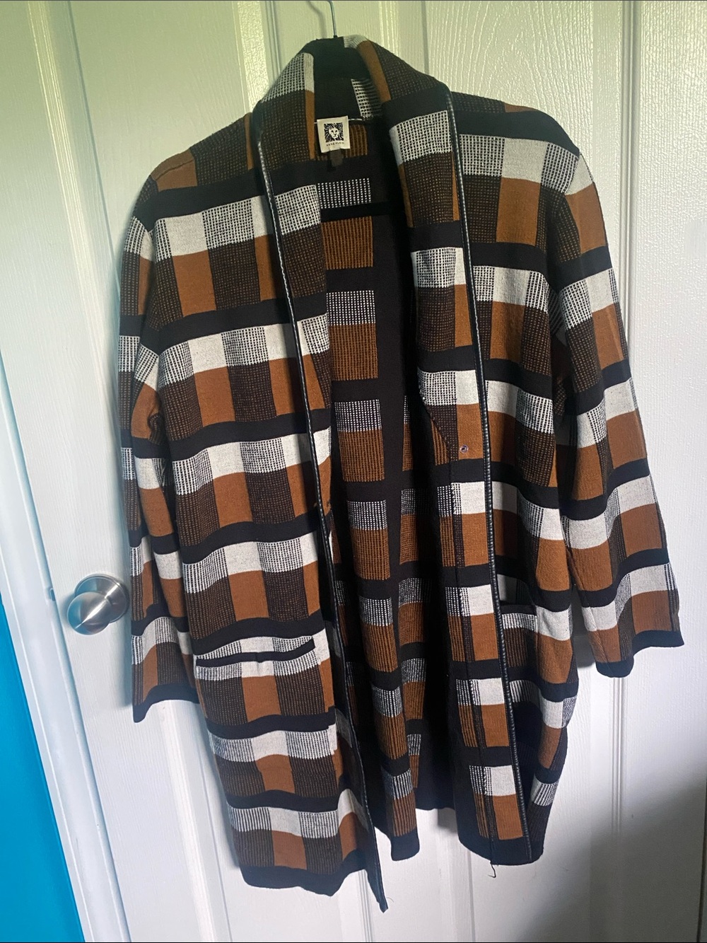 Anne Klein Brown Black and White Plaid Open Cardigan - Picture 1 of 3